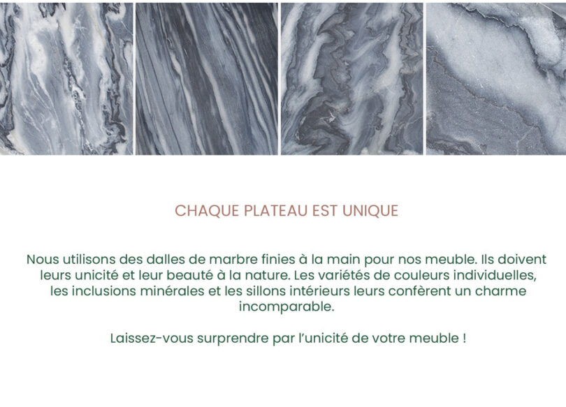 Aspect du plateau en marbre gris unique de la table basse
