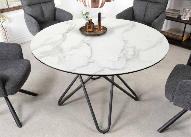 Table ronde 120cm aspect marbre blanc