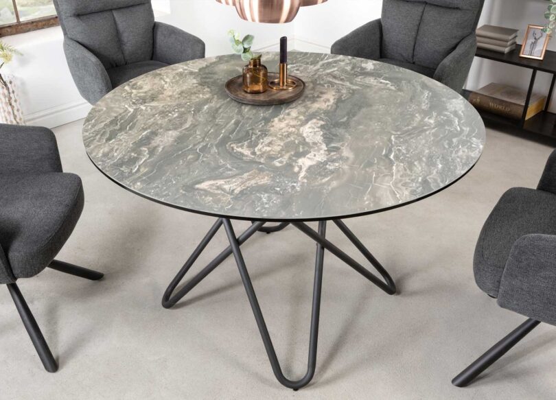 Table 120cm ronde aspect marbre foncé