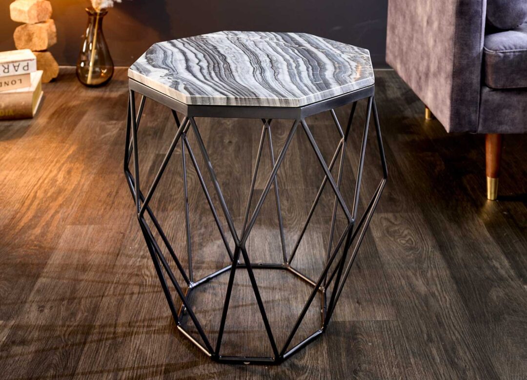 table gueridon en marbre gris et fer noir