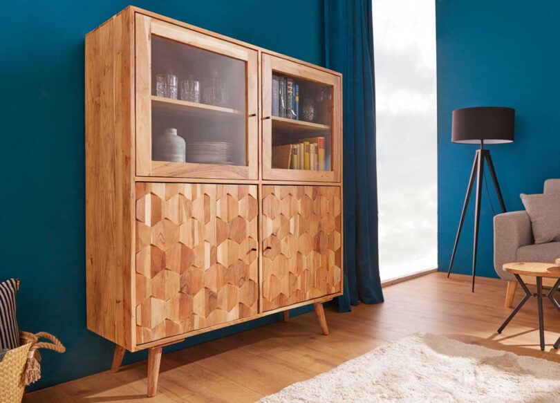 buffet retro originale en bois massif et portes vitrees
