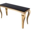 table console design en verre noir et pieds dores