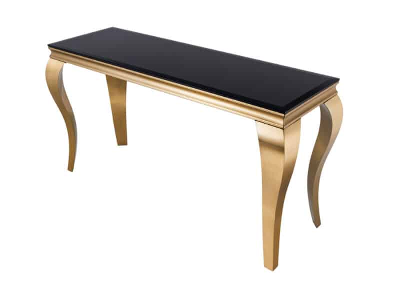 table console design en verre noir et pieds dores