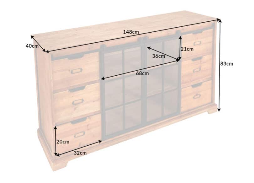 details des dimensions du buffet en bois et metal