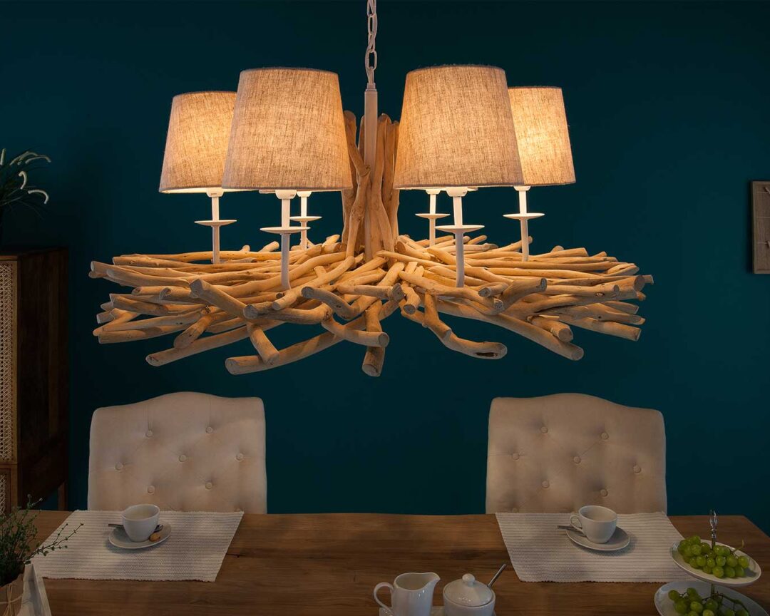 Lampe Décorative En Bois Flotté Naturel – Style Chalet – Abat-jour Blanc