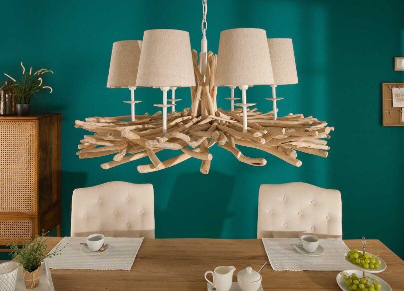 lustre originale 80 cm en bois flotte et lin