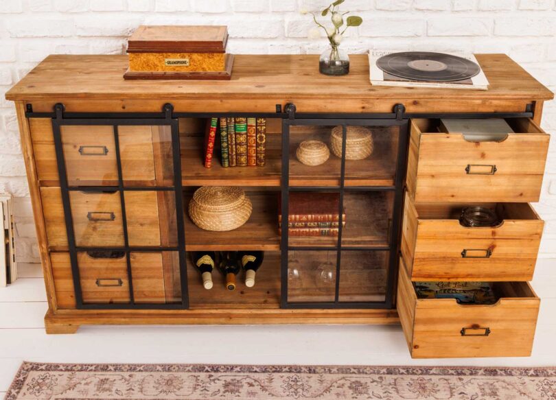 meuble de rangement avec 6 tiroirs et 2 portes en verres