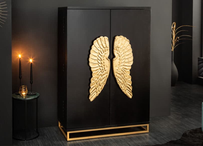 meuble de bar en bois massif original avec 2 ailes d ange dorees