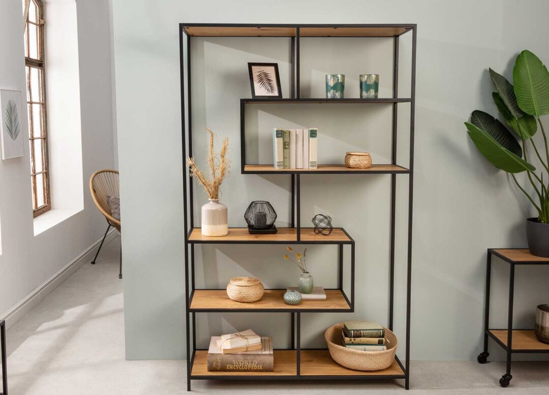 meuble de rangement 185 cm pas cher aspect chene et metal noir