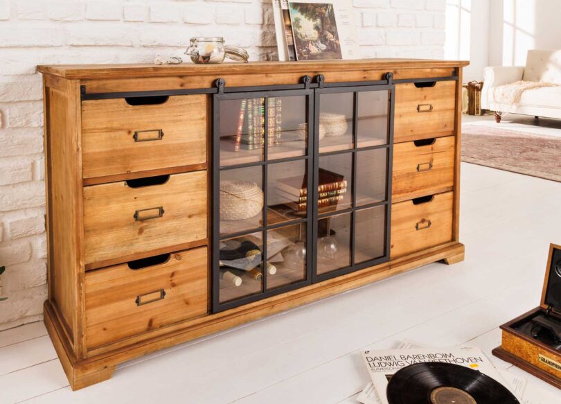buffet 150 cm en bois de sapin et portes en verres coulissantes