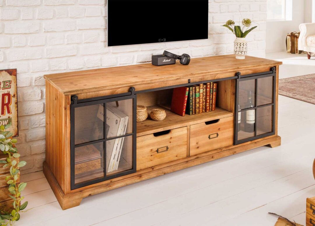 banc tv 160 cm style industriel bois sapin et metal noir