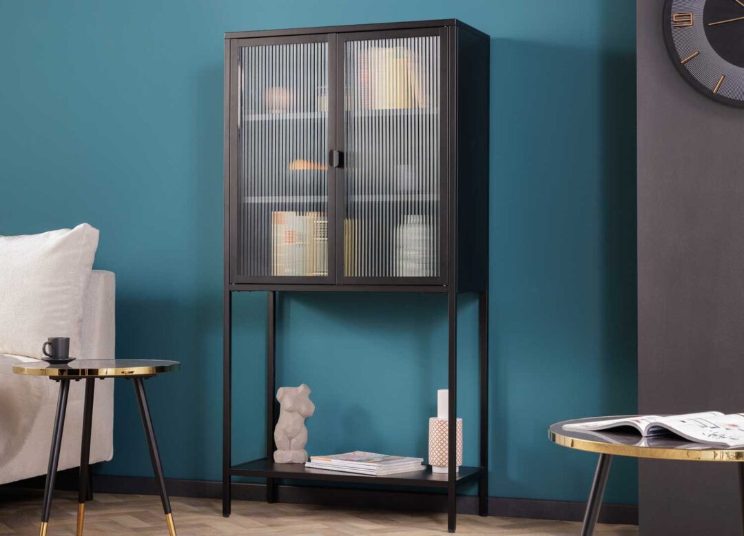 vitrine 150 cm en metal noir et verre strie