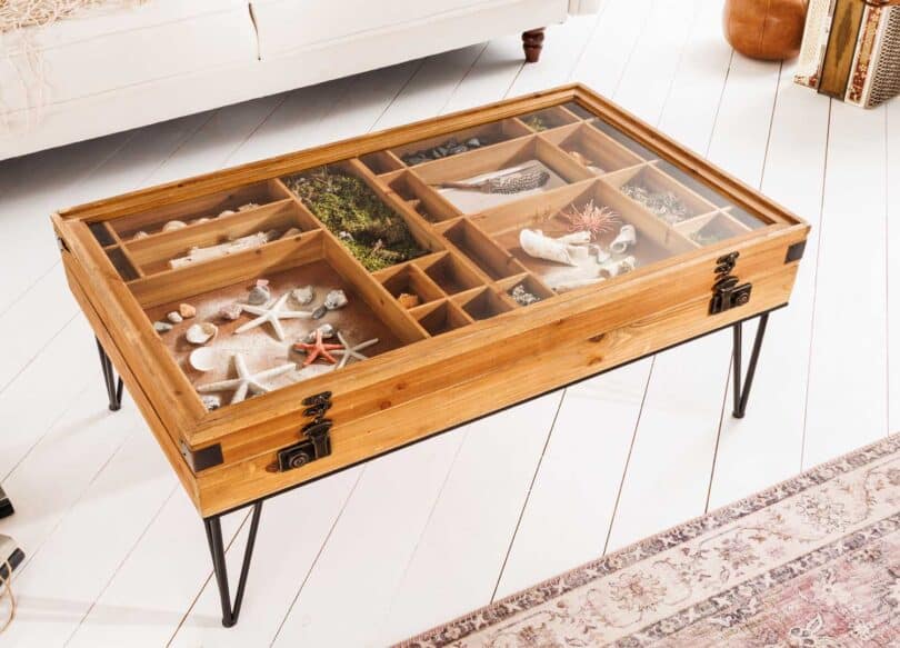 table basse en bois de sapin 100 cm et plateau en verre