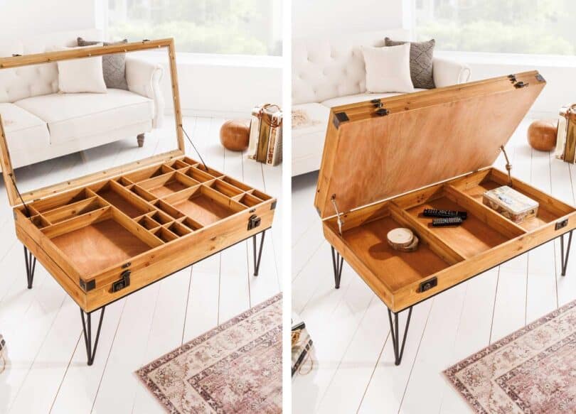 table de salon avec rangement en bois de sapin