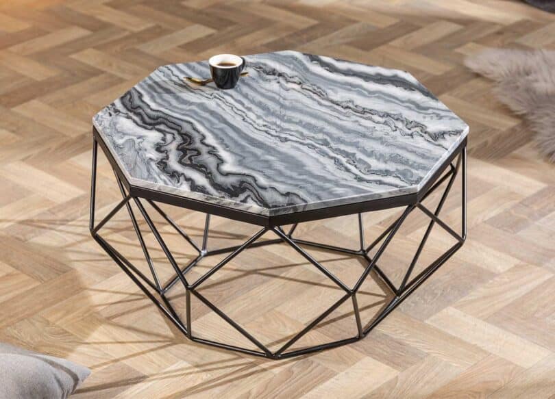 table basse octogonale en marbre et fer noir