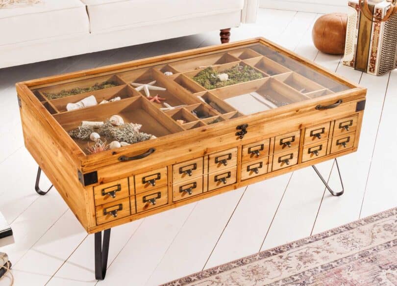 table basse avec rangement et plateau en verre relevable