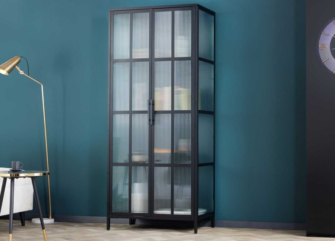 vitrine 180 cm en metal noir et facades verre strie