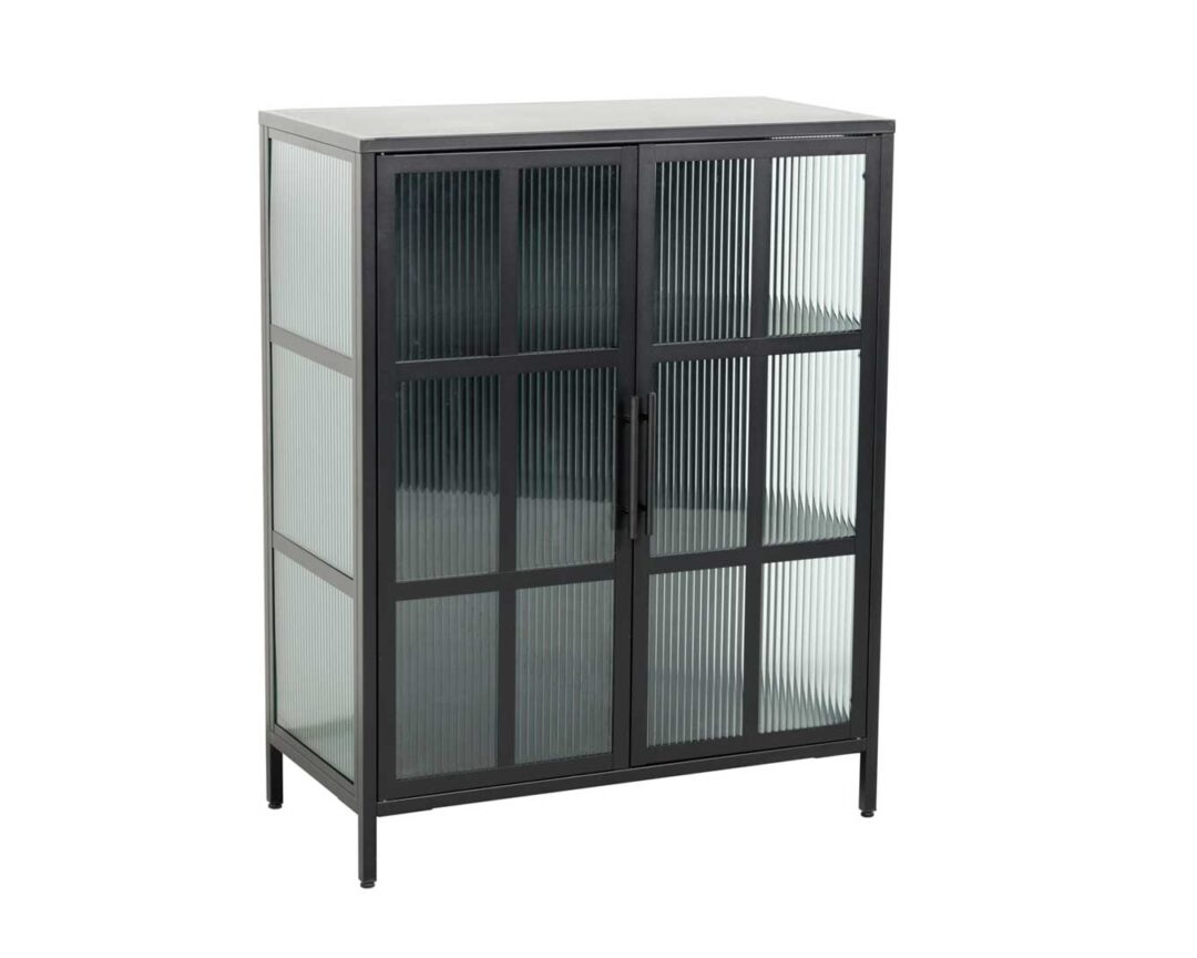Vitrine 2 portes 180 cm métal noir et verre strié