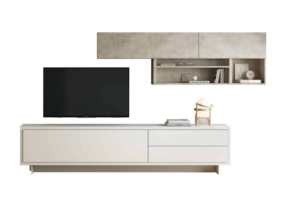 Ensemble TV avec rangements muraux blanc et petra
