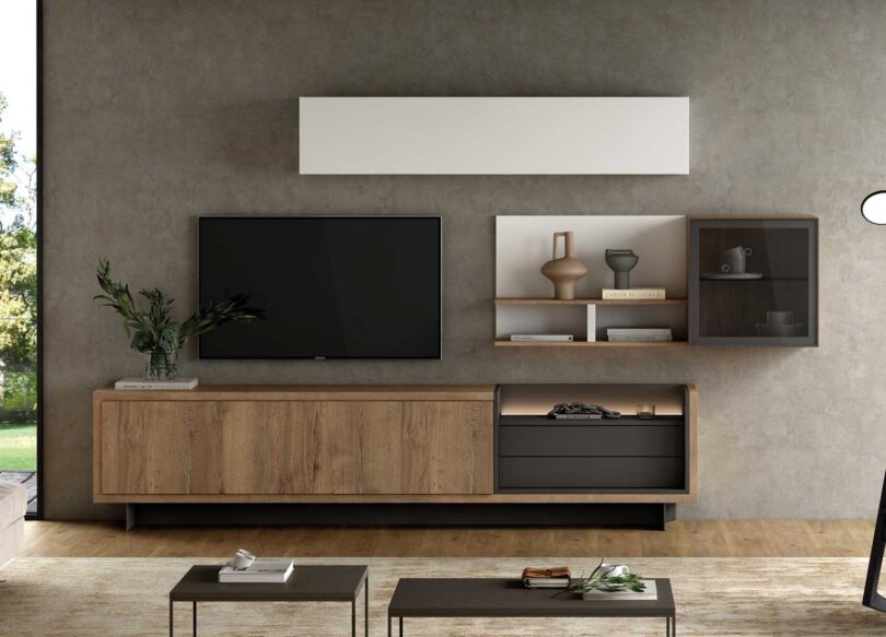 Ensemble tv composé d'un meuble TV, une étagère murale ainsi qu'un panneau blanc design