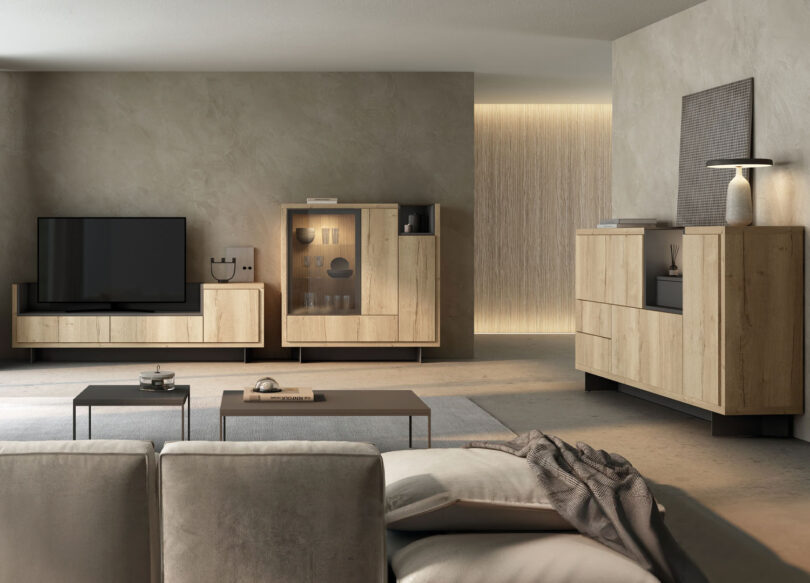 Ensemble de meubles de salon comprenant un meuble tv, une vitrine ainsi qu'un buffet