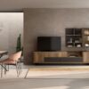 Meubles de salon dont un meuble TV ainsi qu'un meuble de rangement suspendu de couleurs noir et bois foncé industriel