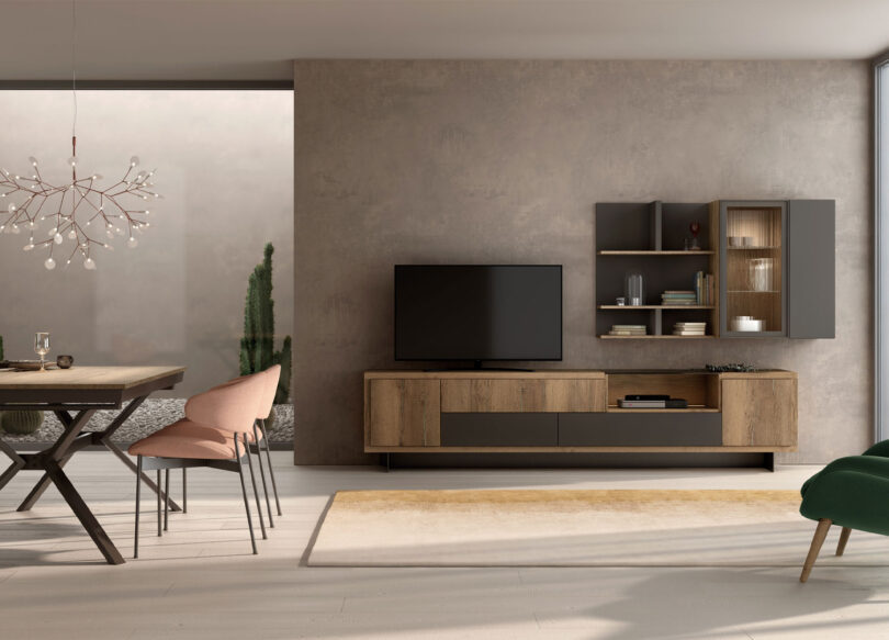 Meubles de salon dont un meuble TV ainsi qu'un meuble de rangement suspendu de couleurs noir et bois foncé industriel