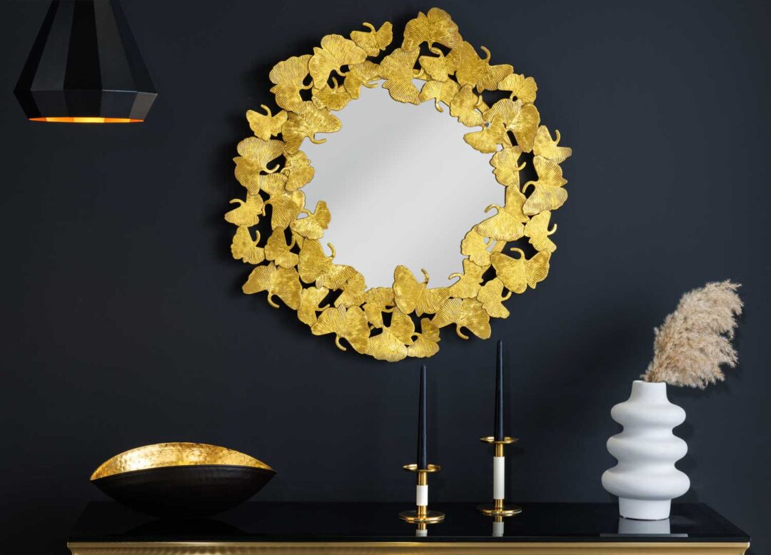 Miroir mural rond doré