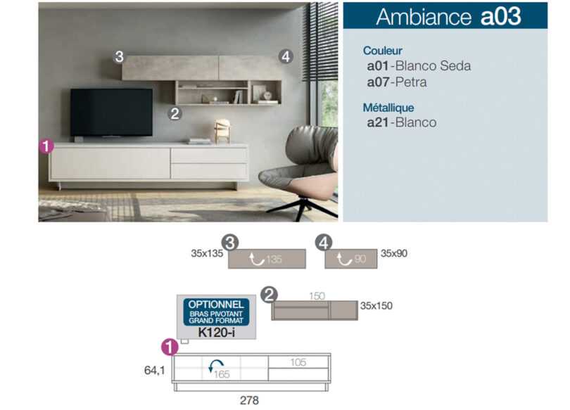 Dimensions et descriptions des modules de l'ensemble TV