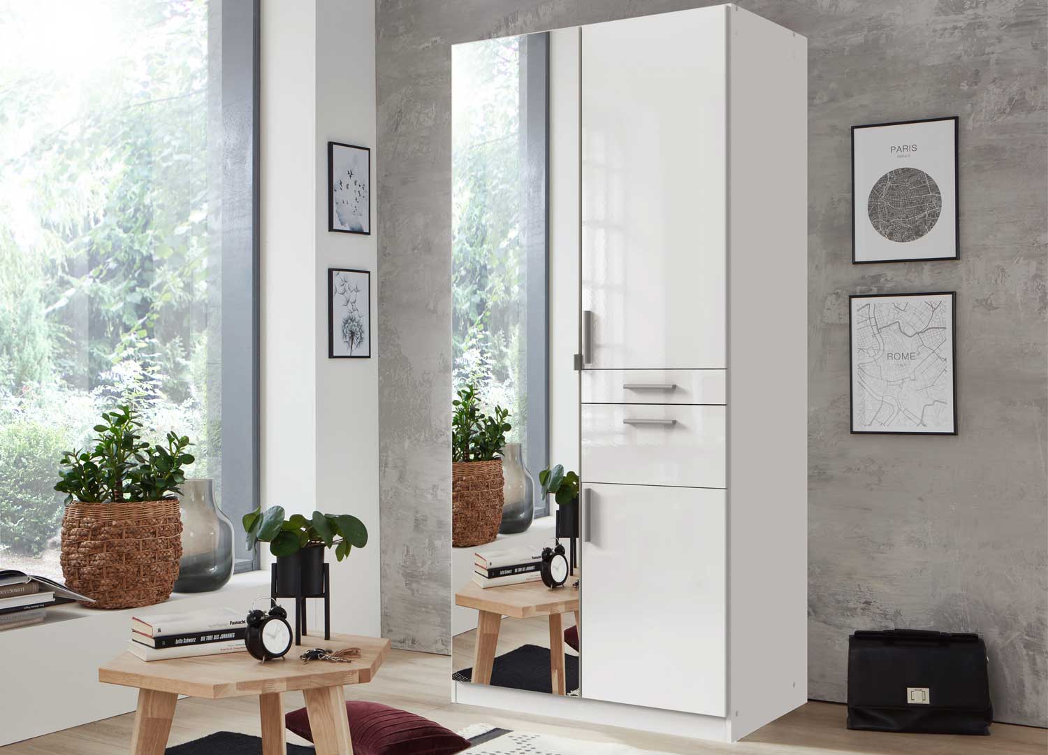 Armoire miroir de chambre blanc chêne 3 portes 2 tiroirs pas cher