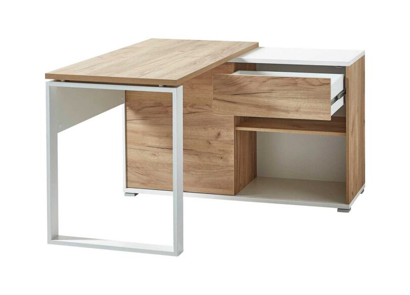 bureau aspect chene et blanc avec 1 tiroir et 1 porte coulissante
