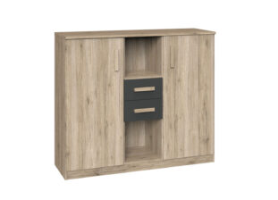 commode de chambre moderne aspect bois et graphite avec 2 tiroirs 2 portes et 2 compartiments