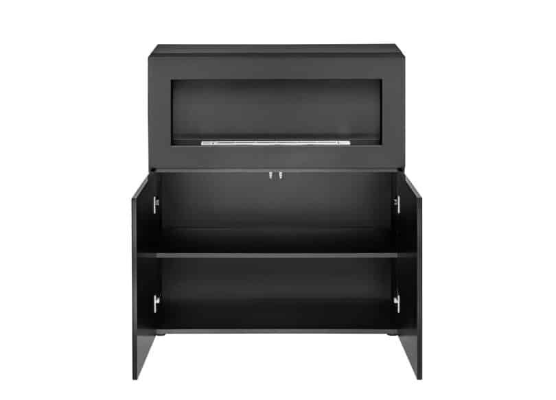meuble de rangement moderne noir avec cheminee bio ethanol