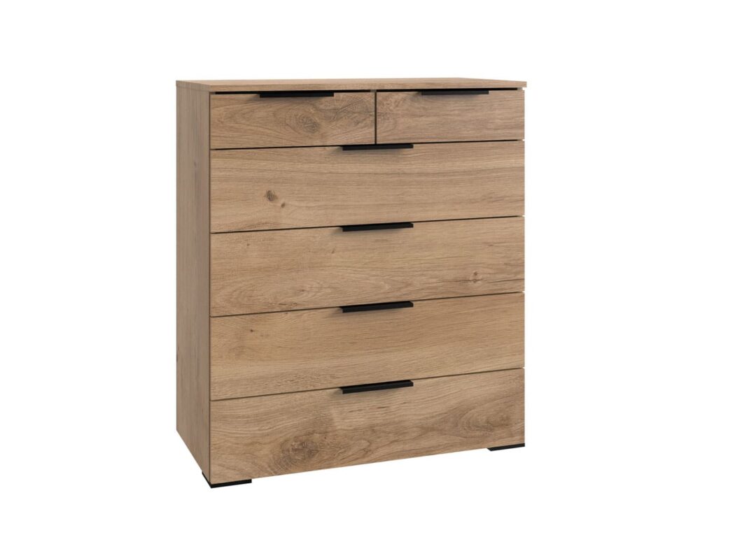 commode chambre imitation chene poignees noir et 6 tiroirs