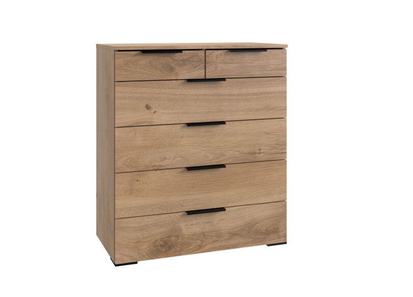 commode chambre imitation chene poignees noir et 6 tiroirs