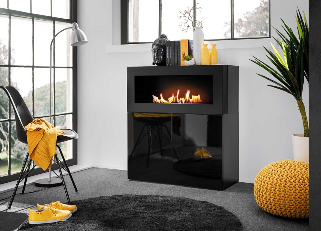 commode design noir brillant avec cheminee bio ethanol