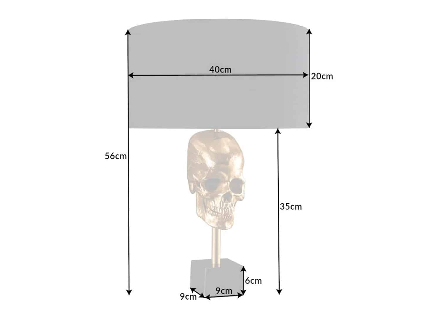 details dimensions lampe de table avec tete de mort