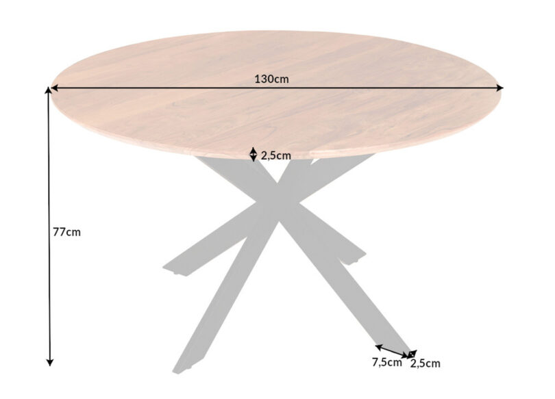 details des dimensions de la table ronde en bois et metal noir