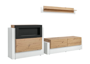 meuble tv moderne blanc et bois avec cheminee decorative