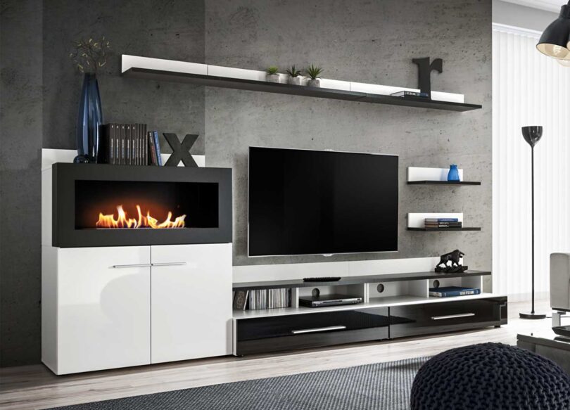 meuble tv design blanc et noir brillant avec cheminee bio ethanol