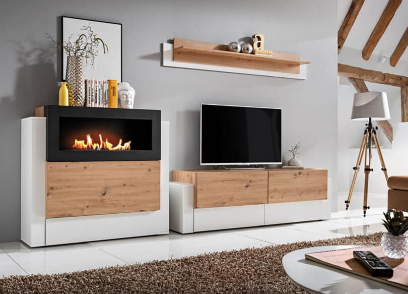 meuble tv scandinave blanc et bois avec cheminee decorative