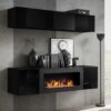 meuble tv mural noir brillant avec cheminee decorative