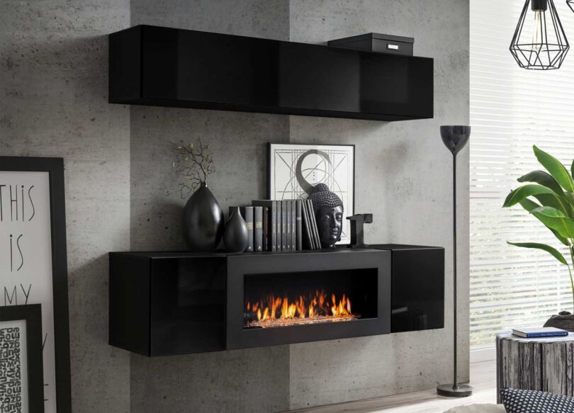 meuble tv mural noir brillant avec cheminee decorative