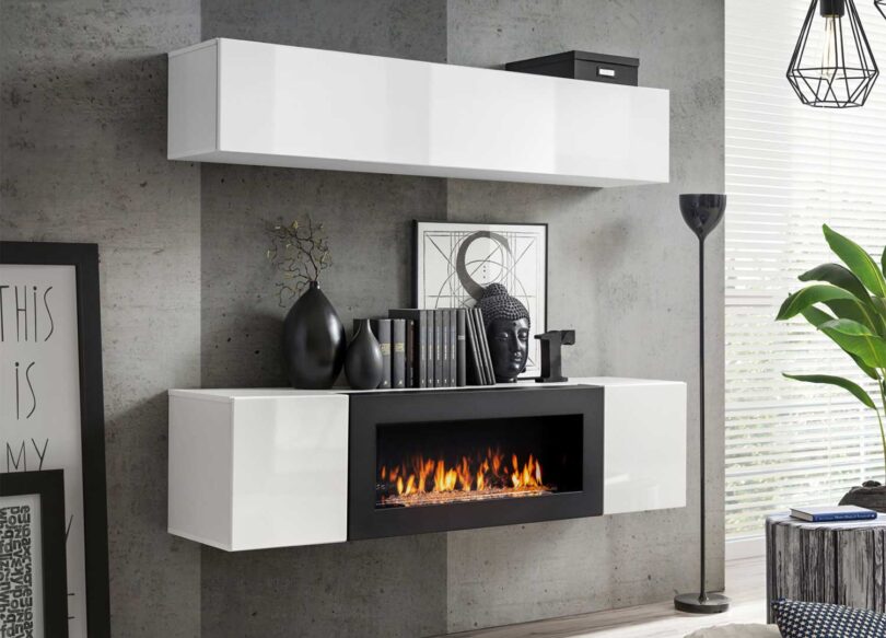 meuble tv mural blanc brillant avec cheminee decorative bio ethanol