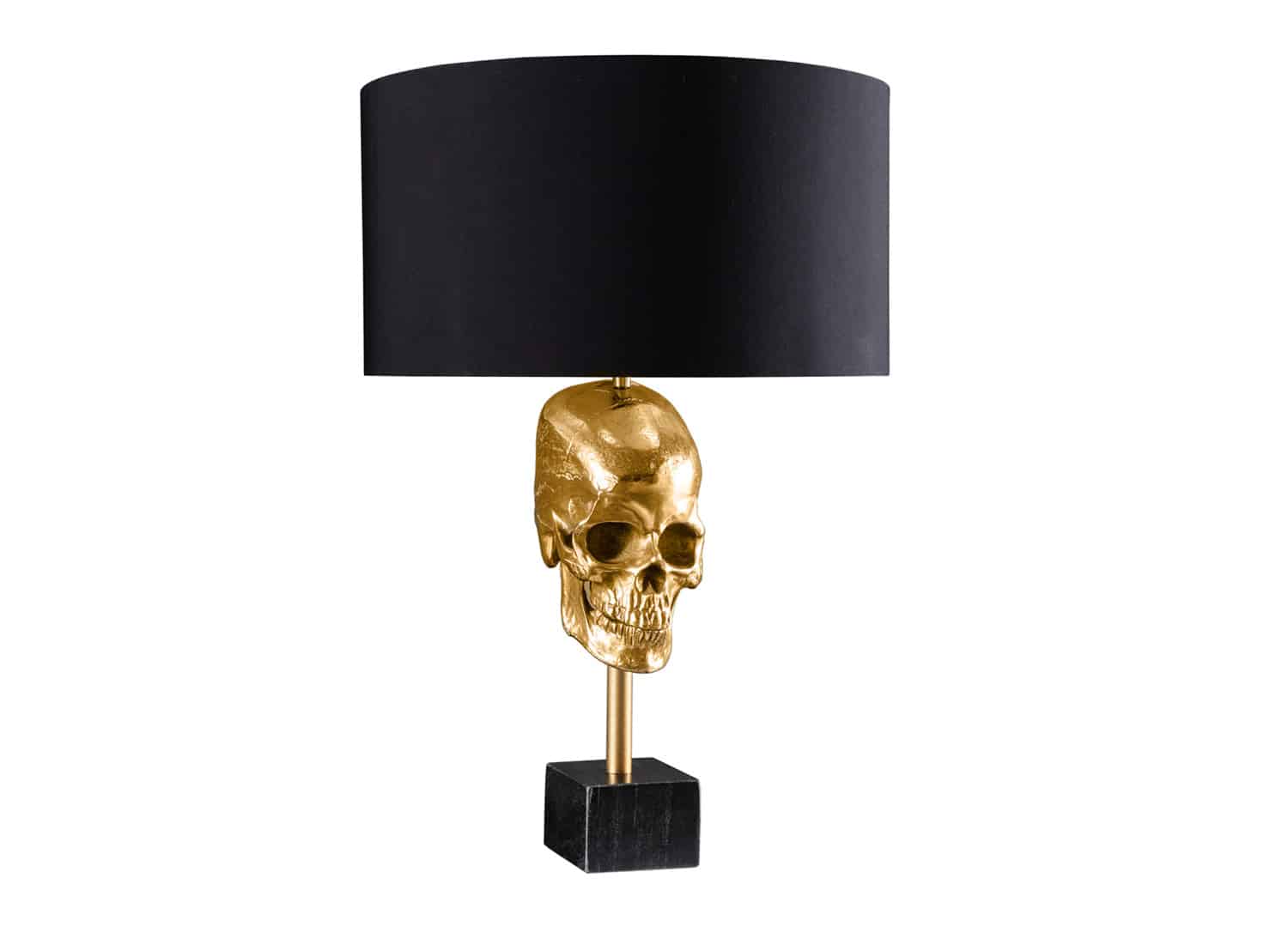 Lampe originale avec tête de mort dorée et un abat-jour noir