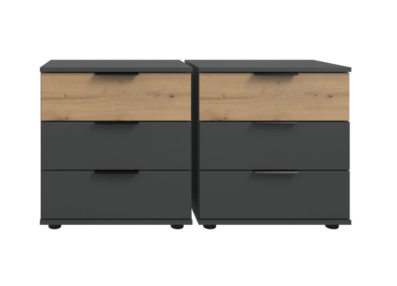 ensemble 2 chevets de 3 tiroirs aspect chene et gris graphite