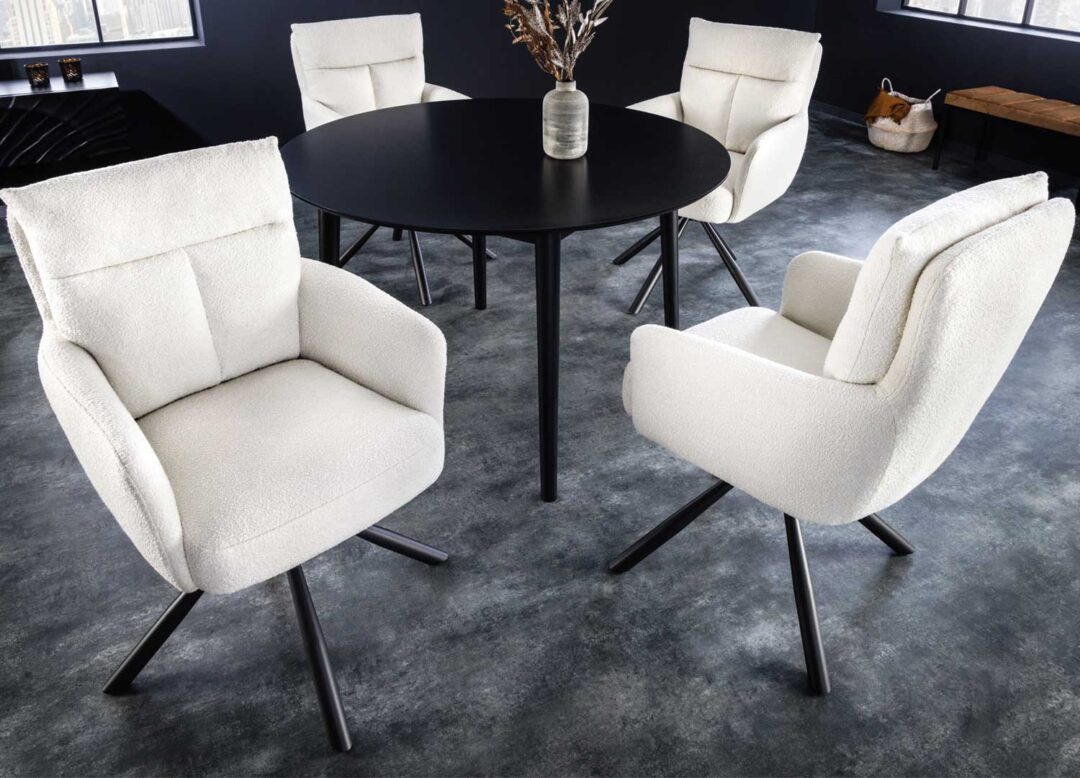 ensemble 2 chaises salle a manger en tissu boucle blanc et metal noir
