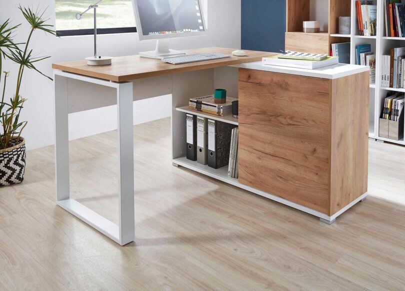 bureau de travail d angle imitation chene et blanc avec pieds en metal