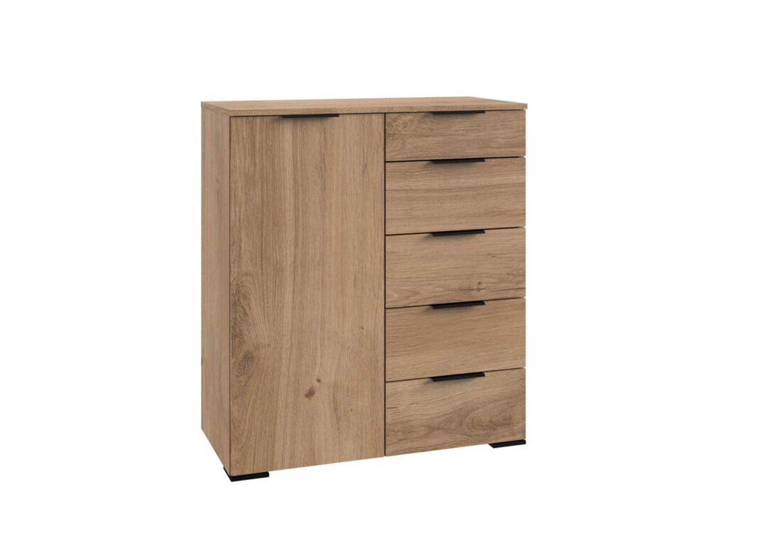 commode de rangement imitation chene poutre et poignees noires
