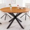 table de repas ronde en bois et metal noir 130 cm avec des chaises confortables blanche et noir